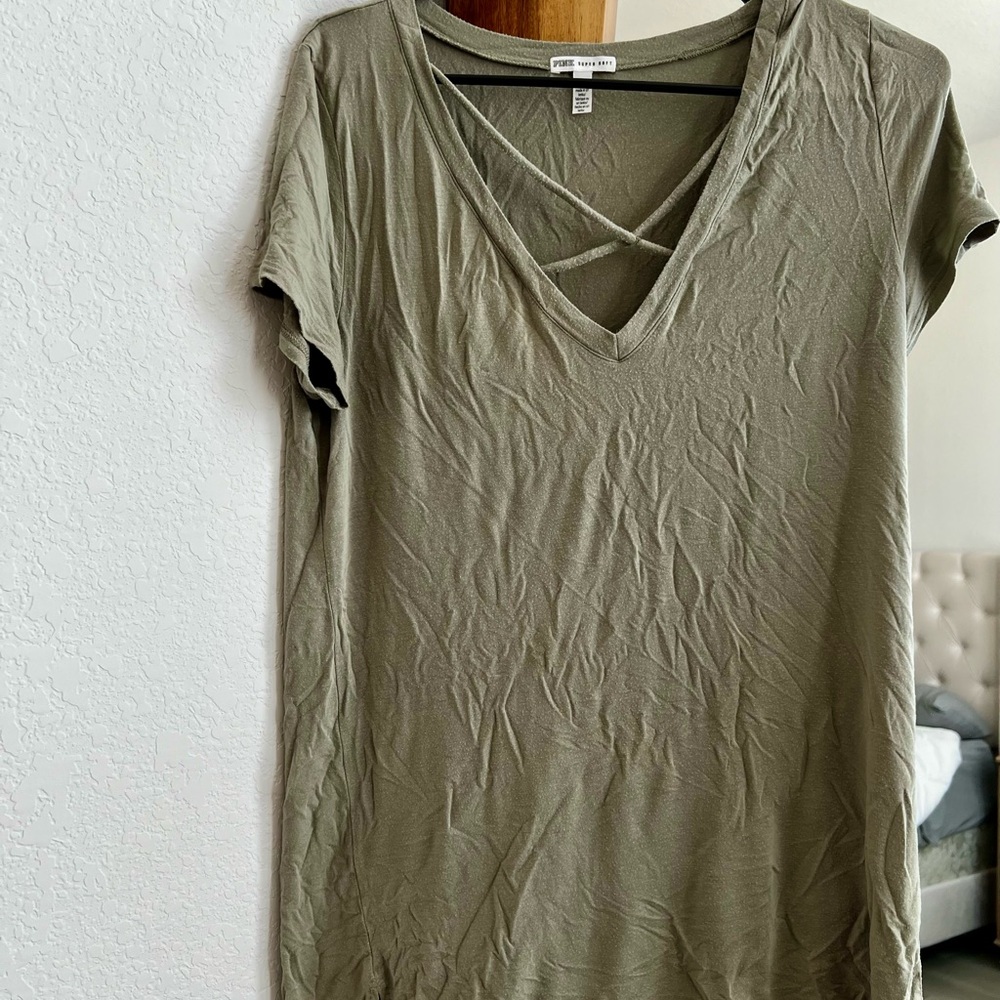 Victoria Secret PINK Olive Green V-Neck Short Sleeve Tee